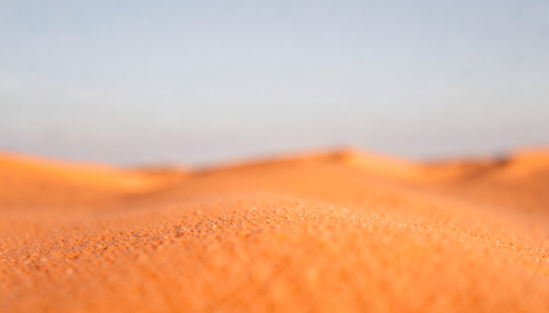 Wide landscape of soft sandy dunes under a pale blue-grey sky, serene and expansive